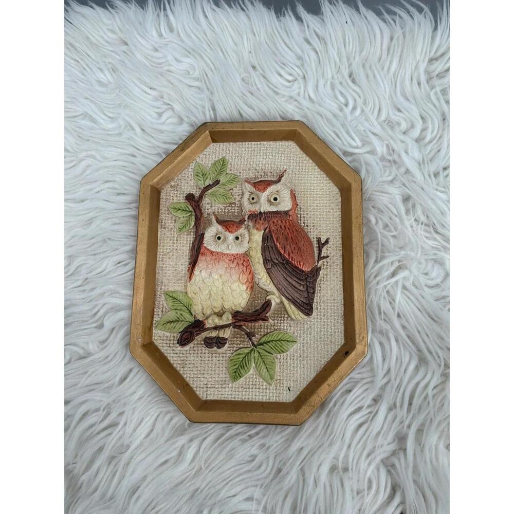 Vintage 1970s Ceramic 3D Painted Owls Wall art Decor Made In Japan